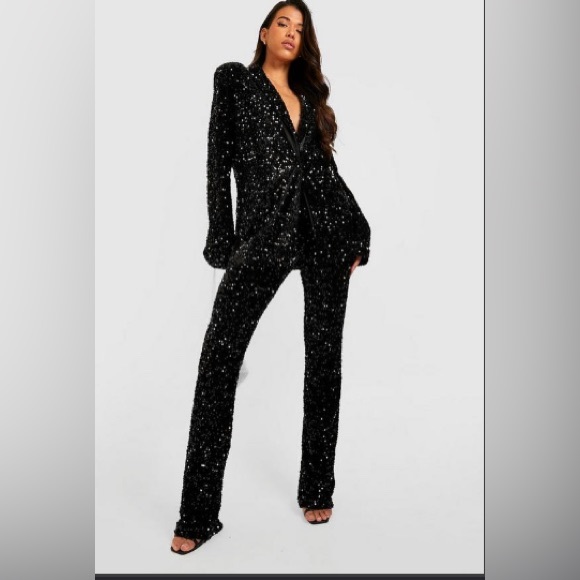 Black Velvet Sequin Flare pants - Picture 1 of 8